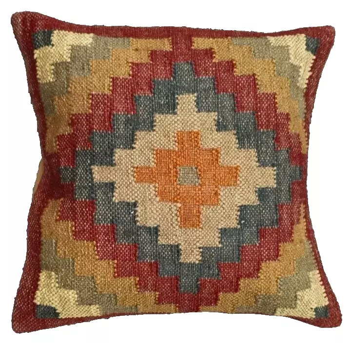 Indian Jute Kilim Cushion Cover Throw Pillow 18" Square Home Decor Handmade Woll