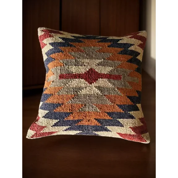 Indian Jute Kilim Cushion Cover Throw Pillow 18" Square Home Decor Handmade Woll