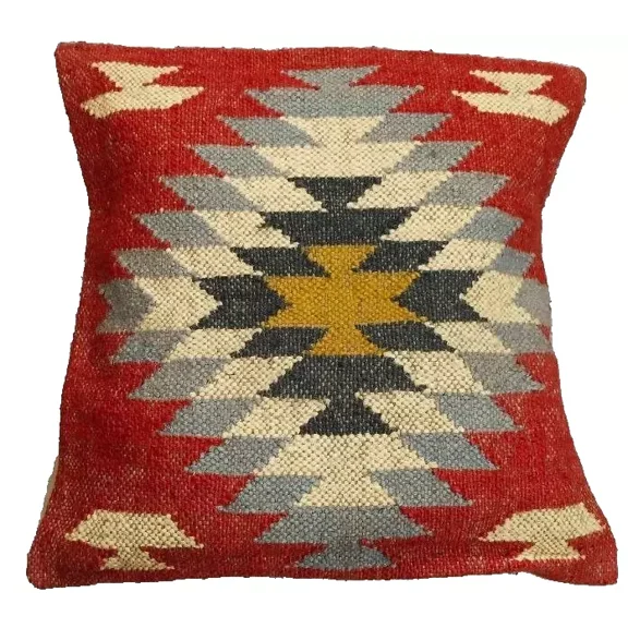 Indian Jute Kilim Cushion Cover Throw Pillow 18" Square Home Decor Handmade Woll