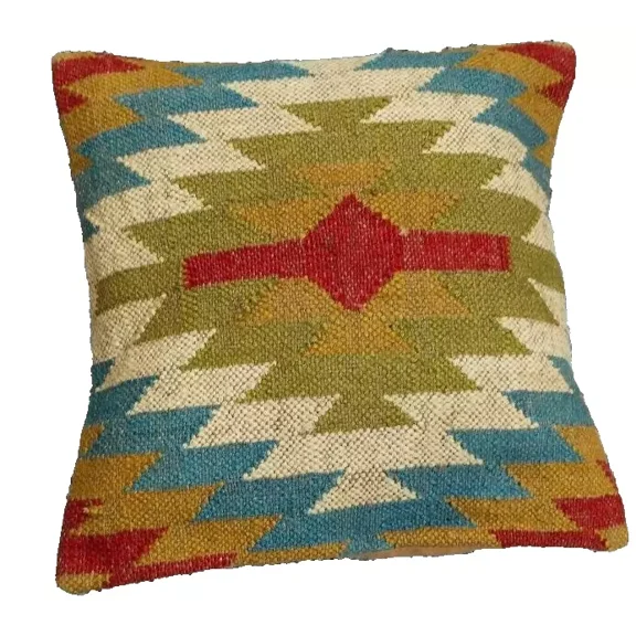 Indian Jute Kilim Cushion Cover Throw Pillow 18" Square Home Decor Handmade Woll