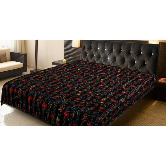 Indian Kantha Quilt Bird Print Blanket Cotton Baby Qults Size Bedspread Handmade Throw