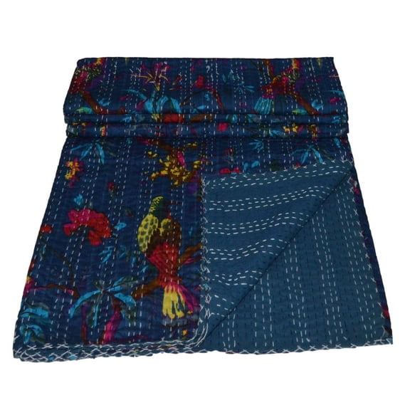 Indian Kantha Quilt Bird Print Cotton Kantha Throw Kantha Blanket Handmade Quilt Double Size Kantha Bedspread Vintage Gudari