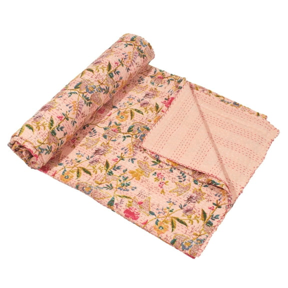 Indian Kantha Quilt Block Printed Kantha Blanket Cotton Kantha Bedspread Kantha Coverlet Throw king Size Kantha Bedcover 90x108