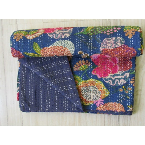 Indian Kantha Quilt Block Printed Kantha Blanket Cotton Kantha Bedspread Kantha Coverlet Throw king Size Kantha Bedcover 90x108