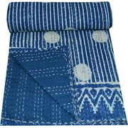 Indian Kantha Quilt Blue Indigo Block Print Kantha Throw Queen Size Cotton Quilt Kantha Bedspread Indian Blanket Kantha Bed Cover Queen Size Quil