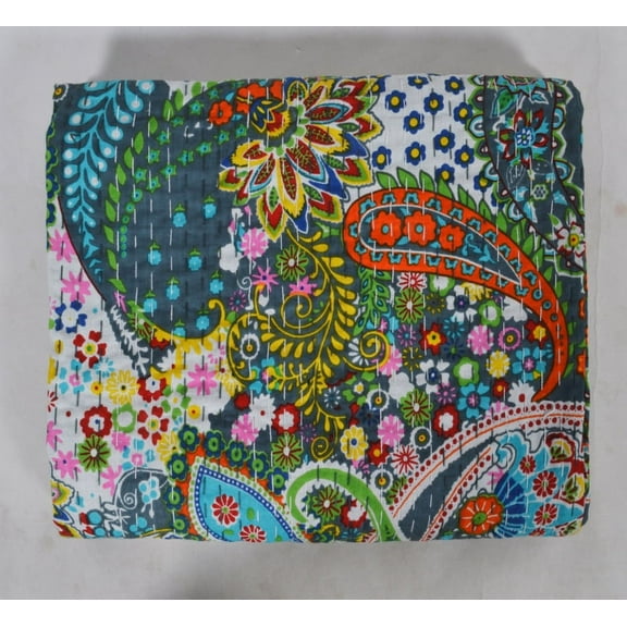 Indian Kantha Quilt Grey Paisley Print Bedspread Kantha Blanket Cotton Throw Handmade Quilt Single Size Quilt Bedding