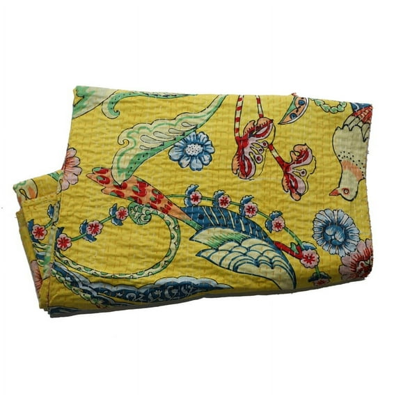 Indian Kantha Quilt Queen Size Yellow Bird Print Handmade Kantha Bed Cover Throw Reversible Blanket Bedding Pure Cotton Throw