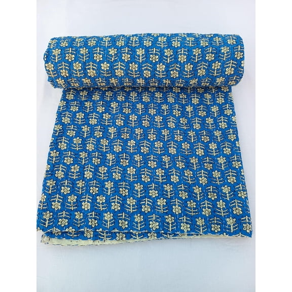 Indian Kantha Quilt in Blue & Floral Print – Hand Stitched Cotton Bedding, Twin Size