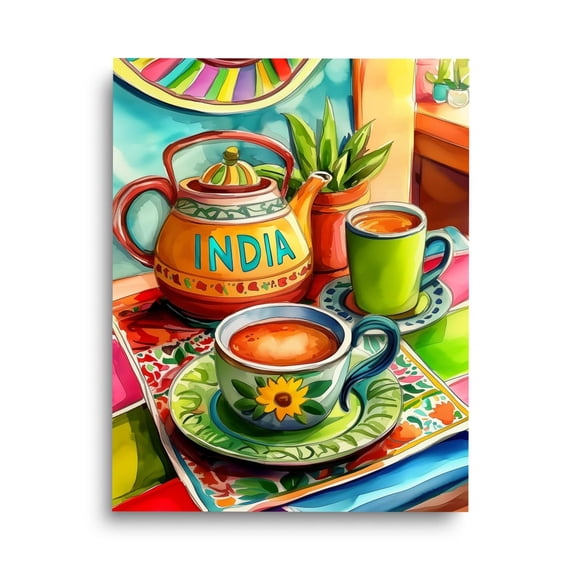 Indian Kitchen Print, Teapot & Teacups Art, Kolkata Bharat Print, Delhi Mumbai Wall Decor, Rajasthan India Travel Gift, Foodie Home Decor UNFRAMED Poster, Wall Art for Decor, Present, 16x24