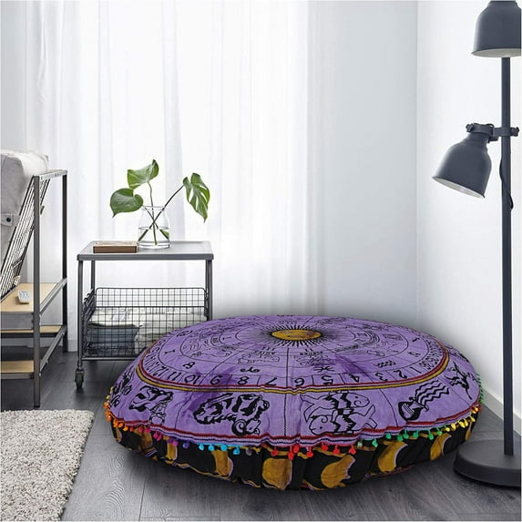 Indian Large 35" Round Pillow Cover, Decorative Mandala Pillow Sham, Indian Bohemian Ottoman Poufs, Pom Pom Pillow Cases, Outdoor Cushion Cover(Purple Rashi)