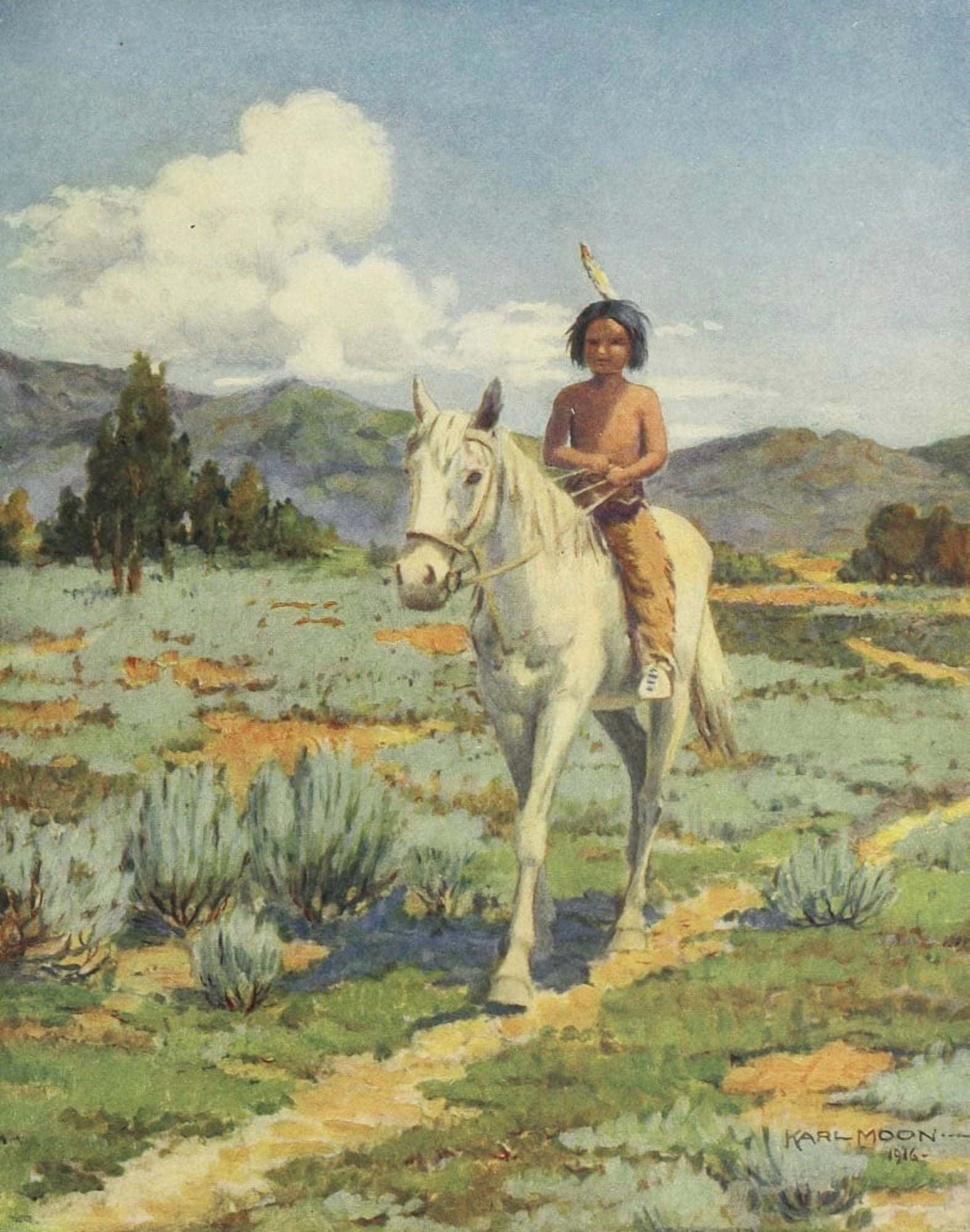 Indian Legends in Rhyme 1917 The Ride (Indian boy on horse) Canvas Art - Karl Moon (24 x 36)