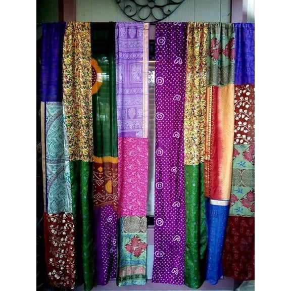 Indian Light-Filtering Sari Colourful Patchwork Recycle Curtains- Drapes Window Home Decor Curtain (Assorted, 2 Pieces)