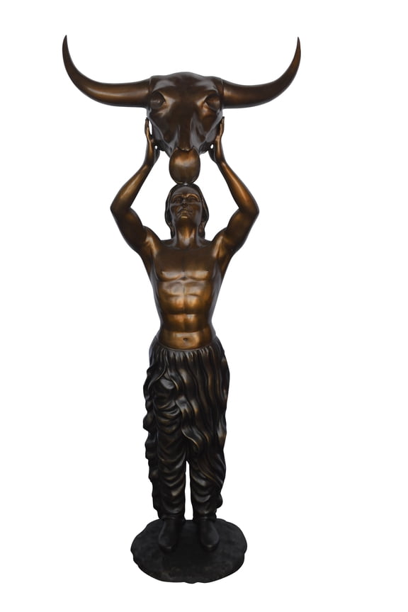 Indian Man Holds a Buffalo Skull Bronze Statue Outdoor Garden Decor Sculpture, 29"L x 23"W x 72"H