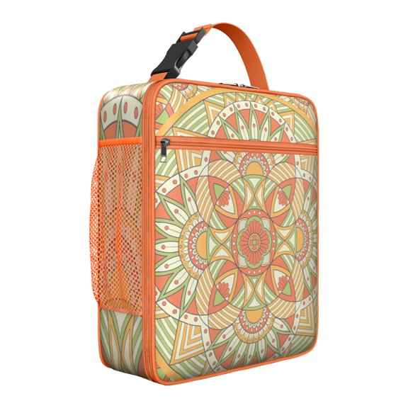 Indian Mandala Lunch Bag, Insulated Reusable Cooler Tote with Traditional Geometric Pattern, Waterproof Spiritual Floral Design for Travel and Outdoor