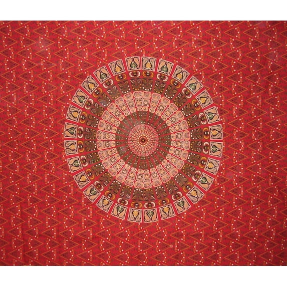 Indian Mandala Print Tapestry Cotton Bedspread 92" x 82" Full Red