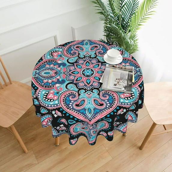 Indian Mandalda Tablecloth Round Table Cover Washable Polyester Table Cloth for Kitchen Party Picnic Dining Decor 60 Inch