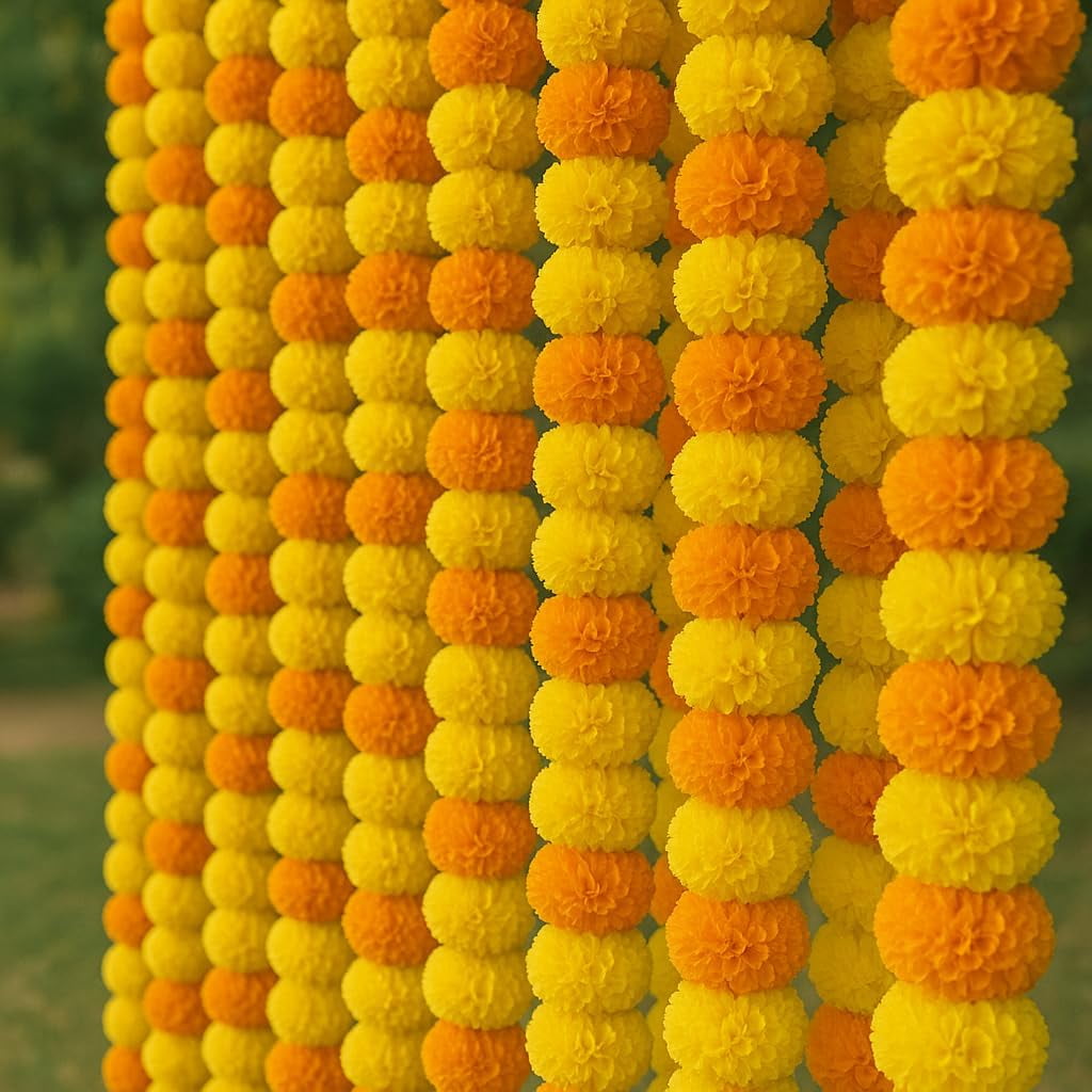 Indian Marigold Flower Garland for Diwali Decorations (Light Orange Light Yellow | 4 to 4.5 ft) , Garland for Diwali Decorations Pack of 10 - Marigold Artificial Flowers