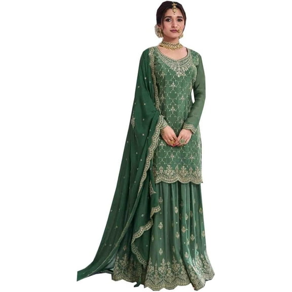 Indian Mehndi Function Wear Salwar kameez Dress Pakistani Designer Sharara Suits ( Green, L - 42 )