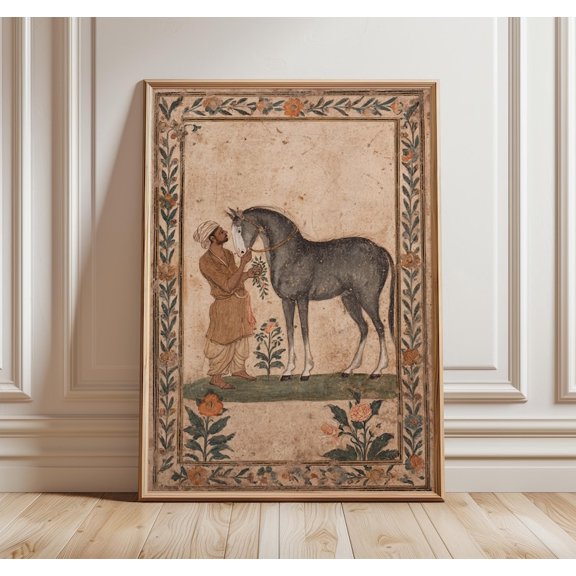 Indian Miniature Horse Art Print, Vintage Floral Border Artwork, Traditional Rajput Wall Decor, Cultural Poster 8x12 UNFRAMED