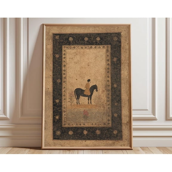 Indian Miniature Horse Rider Mughal Heritage Floral Border Wall Art Poster , Poster Print Only
