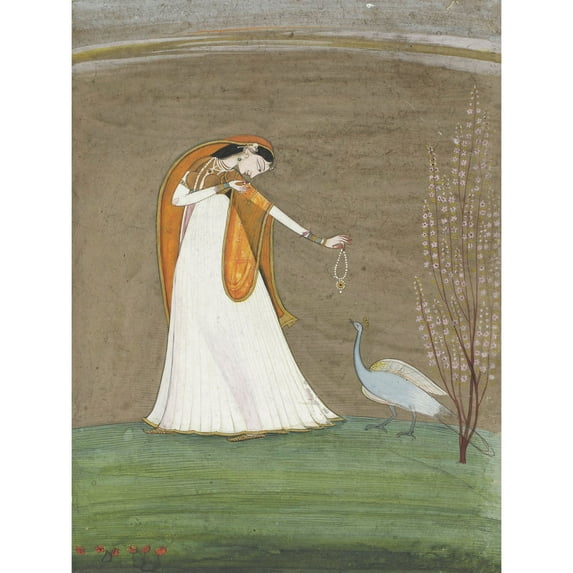 Indian Miniature Woman With Peacock Painting Extra Large XL Wall Art Poster Print