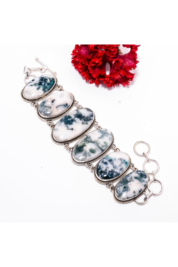 Indian Moos Agate 925 Sterling Silver Bracelet 7.99" B11735, Christmas Gift