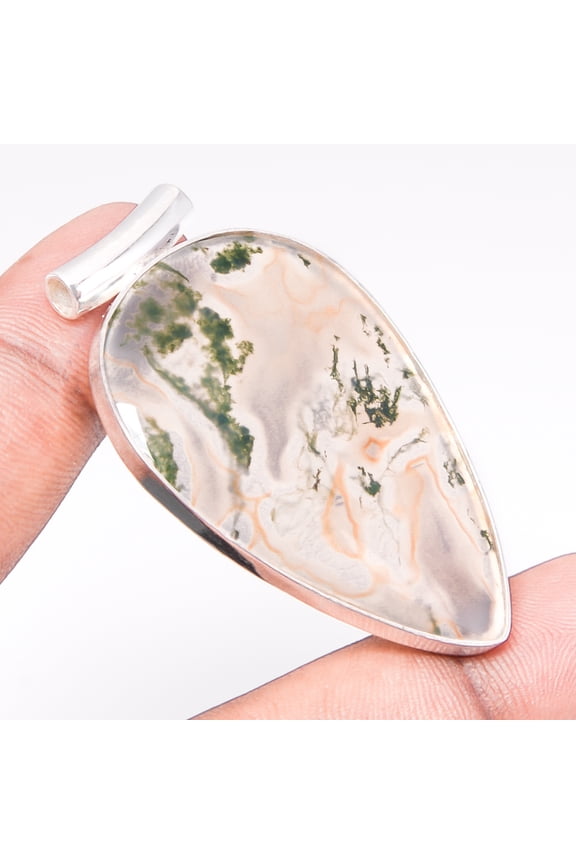 Indian Moss Agate Handmade Ethnic 925 Sterling Silver Pendant 2" T73, Agate Pendant, Christmas Gift, New Year Sale, Gemstone Silver Jewelry
