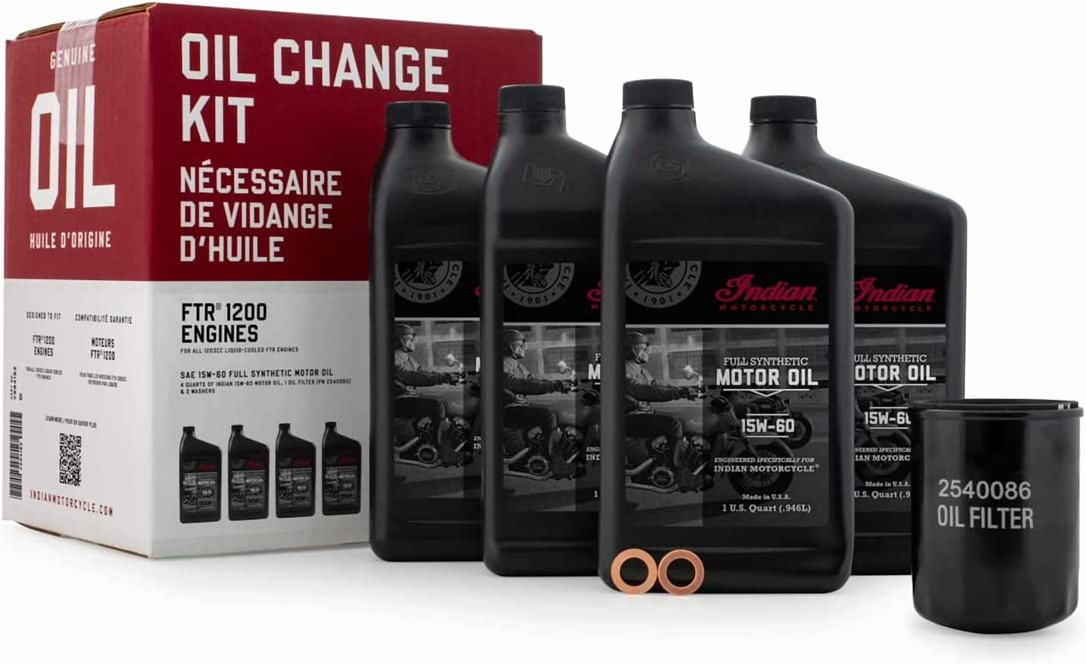 Indian Motorcycle Oil Change Kit for Specific FTR Models Including 1200, S, Rally, Sport, Carbon and More, Includes 4 Quarts 15W-60 Full Synthetic Oil, 1 Oil Filter, 2 Washers - 2884182