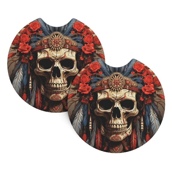 Indian Native American Skull Feather Art Car Cup Holder Pad 2-Pack Neoprene Coasters for Auto Interior Waterproof Universal Fit for Most Vehicles
