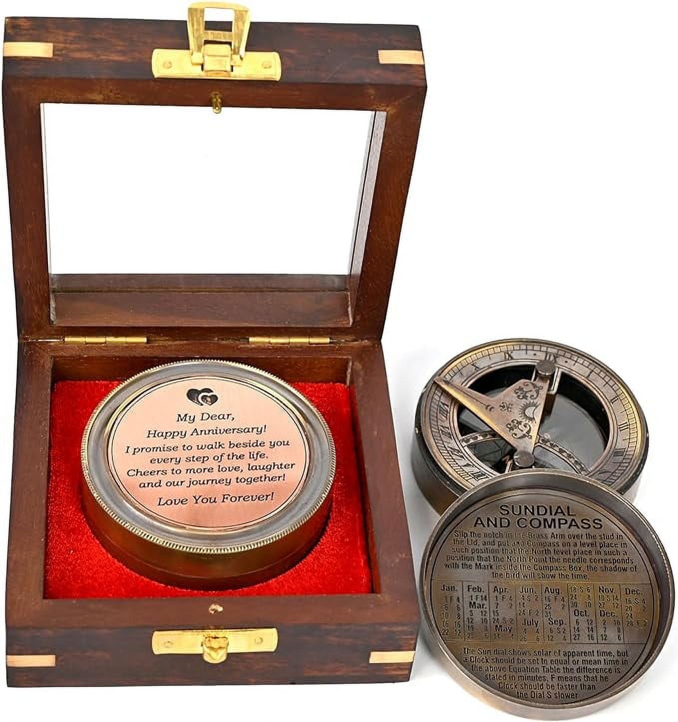 Indian Nautical Instruments Anniversary Sundial Clock Gift for Him or Her - Unique Gift Ideas for Husband or Wife, Men Wedding Anniversary 50th 40th 25th 20th Year Celebration (Brass Patina)