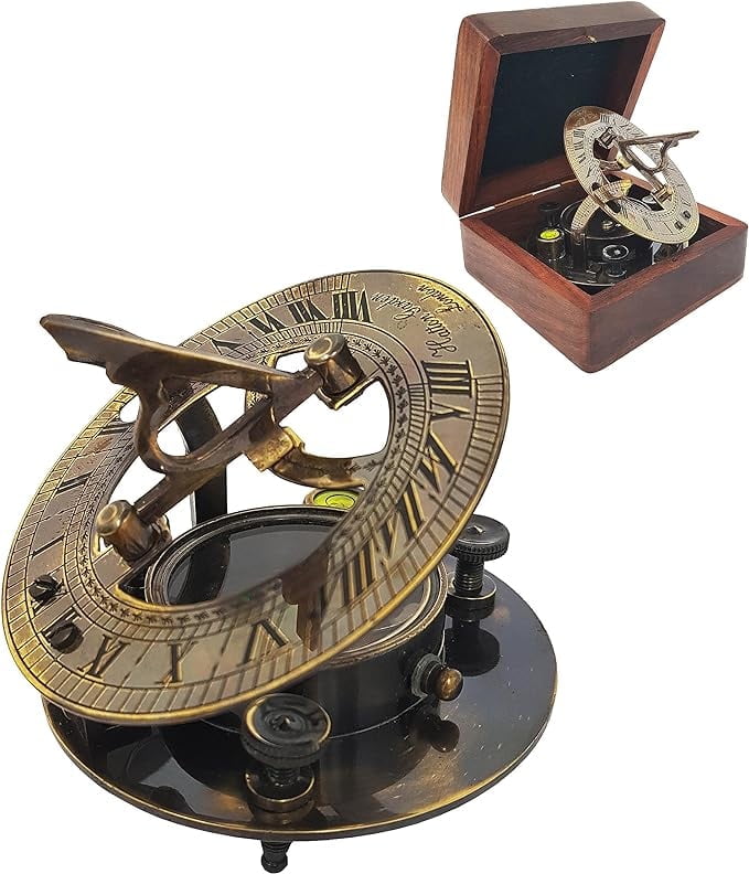 Antique Brass Sundial Compass with Wooden Gift Box