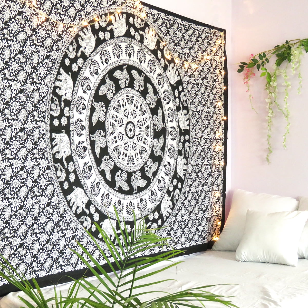 Floral and Elephant Star Circle Tie Dye Tapestry, Mandala Wall Hanging