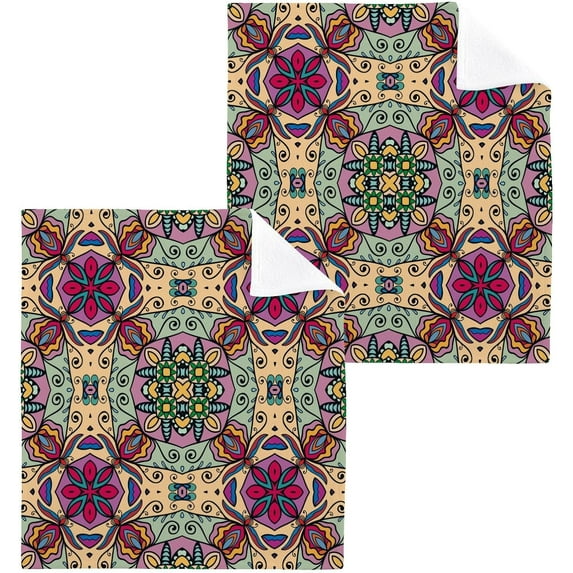 Indian Ottoman Ornament Washcloth 12x12in Set, 2 Pack Absorbent Cotton Towel Square Kitchen Dishes Towels, Soft Cleaning Face Hand Towel Fast Drying