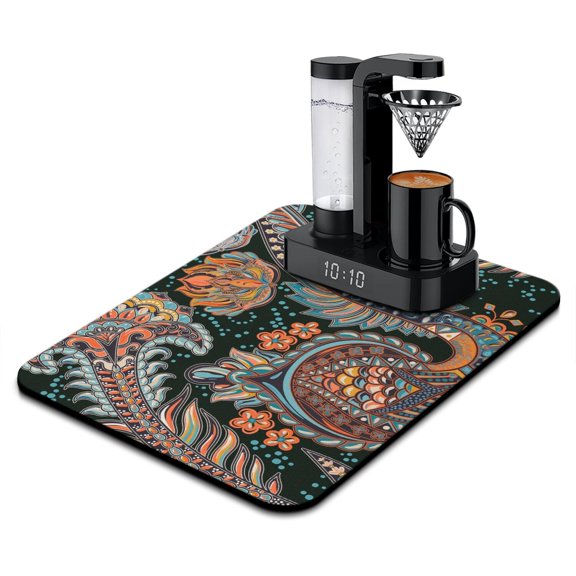 Indian Paisley Coffee Mat - Tribal Absorbent Mat for Coffee Machines, Elegant Countertop Protector