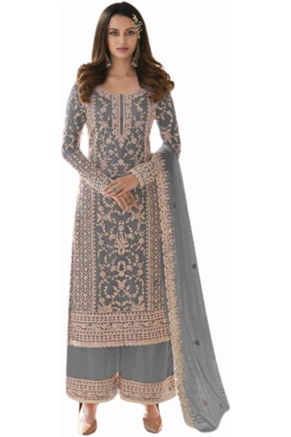 Indian Pakistani Designer Elegant Reception Party Wear Palazzo with Dupatta Outfit Stitched Shalwar Kameez Suits (Grey, XL - 44)
