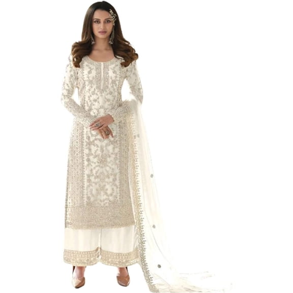 Indian Pakistani Designer Elegant Reception Party Wear Palazzo with Dupatta Outfit Stitched Shalwar Kameez Suits (White, XXL - 46)