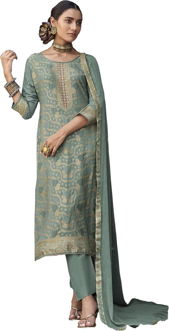 Indiankhaki Neck Contrast Green Color Top Material And Contrast Pant Material With Contrast Dupatta
