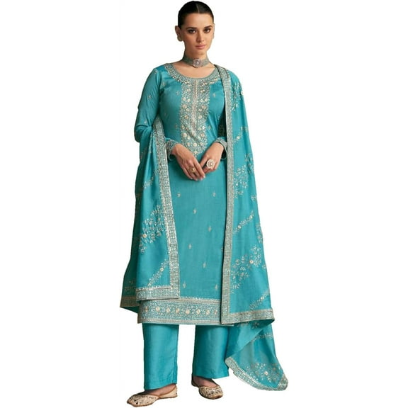 Indian Pakistani Designer Style Women's wear Sewn Salwar Kameez Plazo-Pant Suits ( Sky Blue, S - 38 )