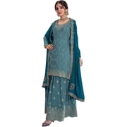 Indian Pakistani Designer Wedding Function Wear Sewn Salwar Kameez Sharara Suits  Teal Blue, XL - 44