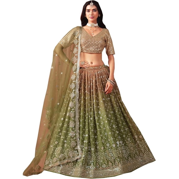 Indian Pakistani Mehndi & Haldi Function Wear Designer Stitched Bridal Look Heavy Lehenga Choli ( Olive Green, XXS - 34 )
