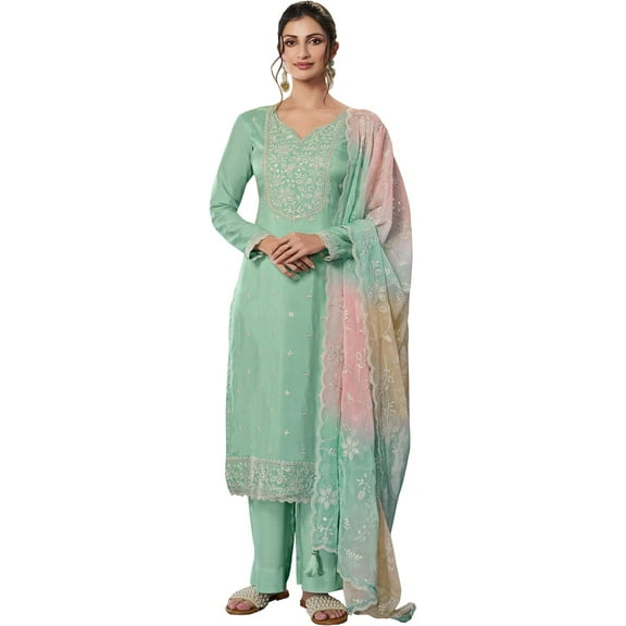 Indian Pakistani Reception Wear Ready To Wear Designer Salwar Kameez Suits ( Pistachio Green, XXS - 34 )