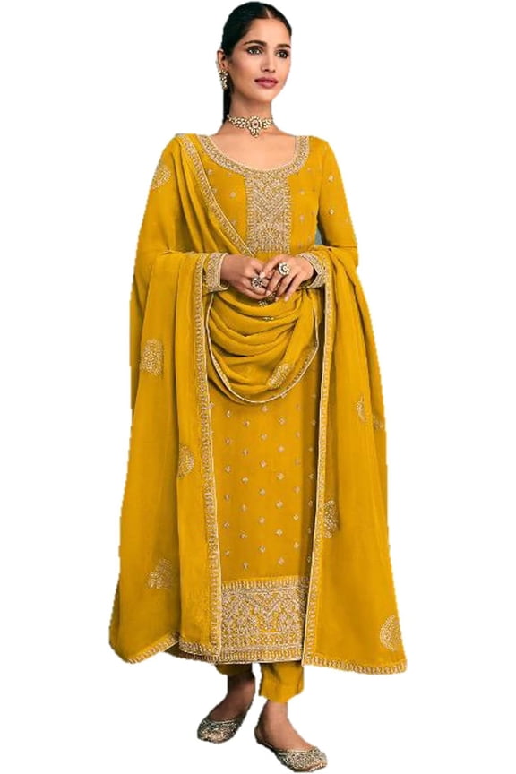 Indian Pakistani Style Stitched Salwar Kameez Suits Designer Trouser Pant Outfits ( Yellow, S - 38 )