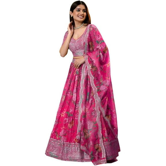 Indian Pakistani Woman's Special Occasion Wear Lehenga Choli With Beautiful Dupatta ( Pink, XS - 36 )