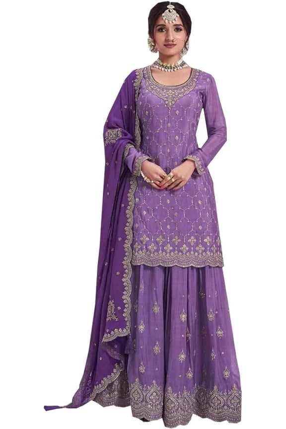Indian Party Wear Heavy Designer Salwar Kameez suits Pakistani Sewn Sharara dress ( Purple, 3XL - 48 )