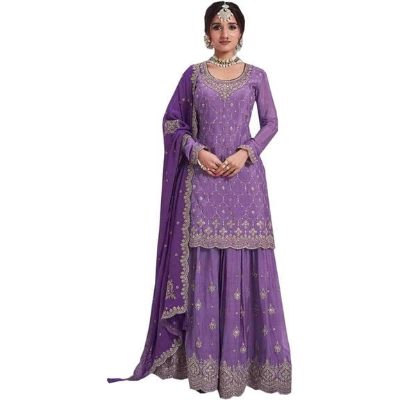 Indian Party Wear Heavy Designer Salwar Kameez suits Pakistani Sewn Sharara dress ( Purple, XL - 44 )