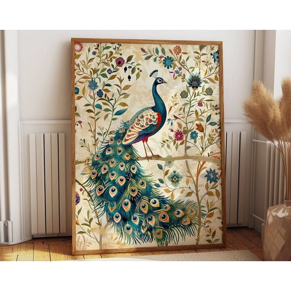 Indian Peacock Art Poster - Traditional Bird And Flower Illustration Wall Art Decor Wall Art, Modern Wall Decor, 8x12 UNFRAMED