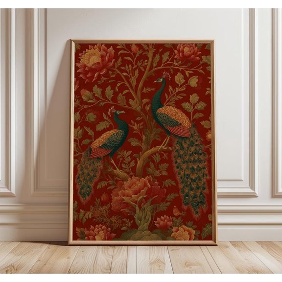 Indian Peacock Wall Art, Heritage Floral Pattern Poster, Mughal Inspired Red and Gold Design, Bohemian Decor, Ornate Nature Print 8x12 UNFRAMED