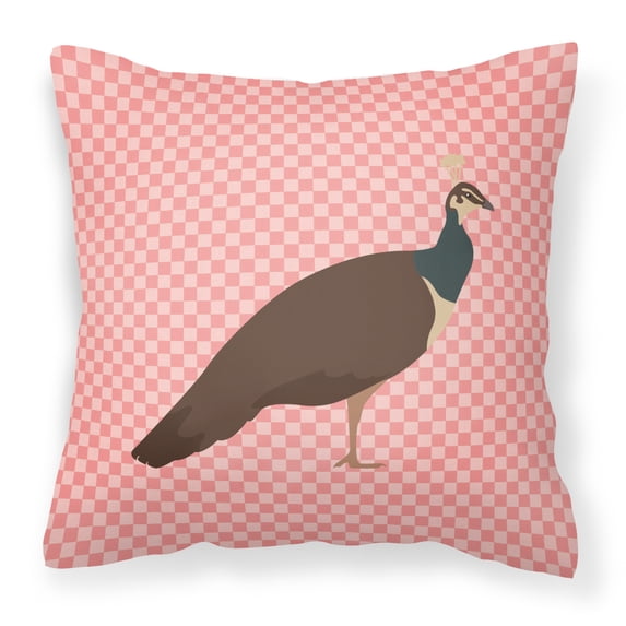 Indian Peahen Peafowl Pink Check Fabric Decorative Pillow