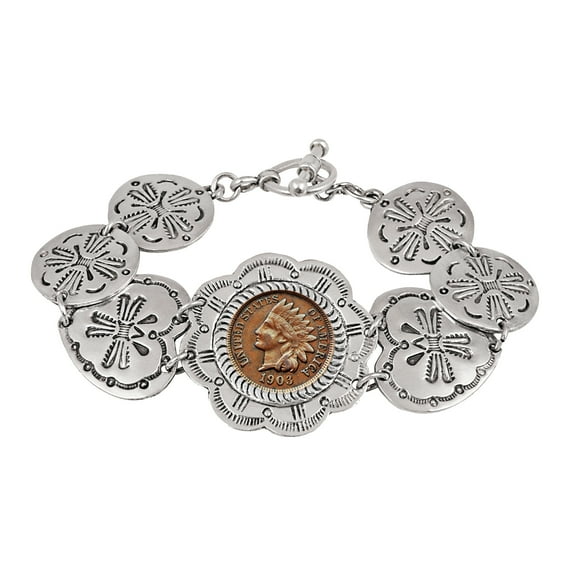 Indian Penny Toggle Bracelet | 7.5 Inch Silvertone Pewter Western Style | Genuine Coin Over 100 Years Old | Certificate of Authenticity