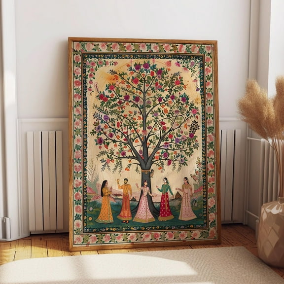 Indian Pichwai Art Poster - Traditional Indian Women Under Tree - Cultural Wall Art Wall Art, Modern Wall Decor, 24x36 UNFRAMED